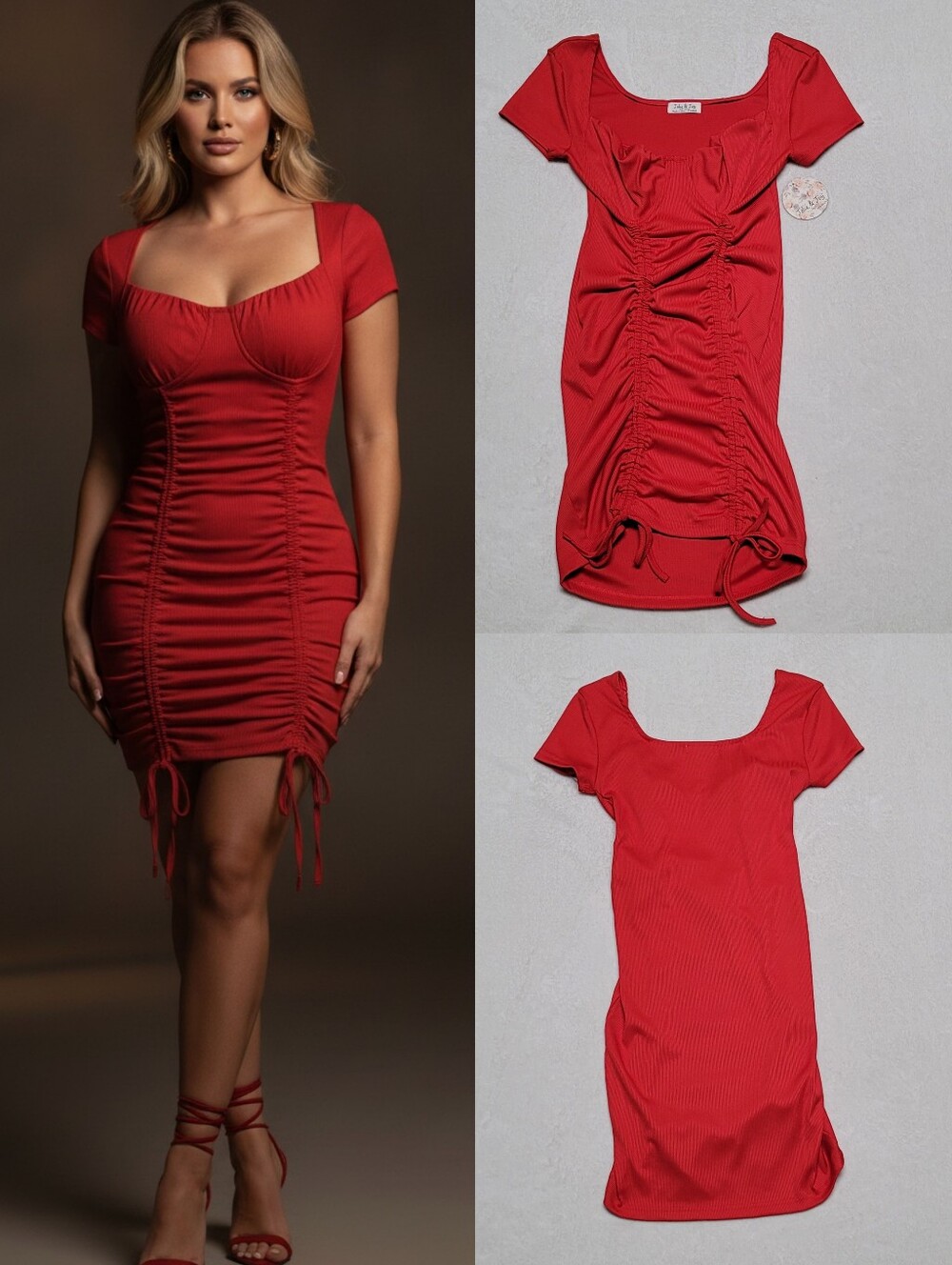 Jolie & Joy Red Ribbed Ruched Double Tie Short Sleeve Corset Bodycon Mini Dress